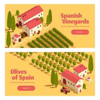 İspanya 'nın kıyı köyünü resmeden yatay bir pankart. Üzüm bağları, zeytin ağaçları ve deniz. İzometrik perspektif gerçekçi.