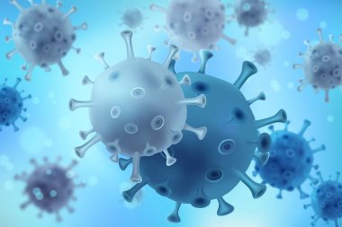 Çivi benzeri projeksiyonları olan çoklu küresel mavi ve beyaz virüs parçacıkları açık mavi bir ortamda üç boyutlu çizgi film tarzında yüzüyor.