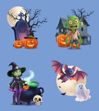 Bir grup Cadılar Bayramı çizgi film karakteri, balkabağı kafalı yarasa kafalı kazan ve beyaz arka planda gerçekçi çizgi film tarzında dağınık şekerli mezar taşı.