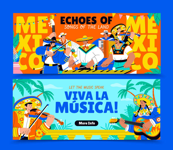 Two colorful horizontal banners featuring male and female musicians playing traditional instruments with tropical and festive backgrounds and bold text in hand-drawn flat cartoon style