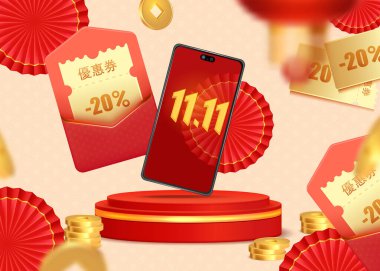 Parlak kırmızı fener, sahne platformu, altın sikkeler, yüzde semboller ve kırmızı ve bej renkli arka plan üzerinde yüzen indirim kuponuyla şenlikli bir reklam düzeni.