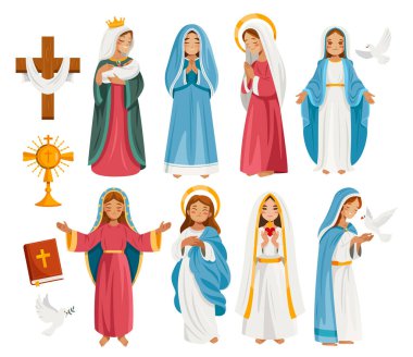 Beyaz arkaplanda haçlar, incil, güvercinler ve monarşi simgelerinin yanında düz çizgi film tarzında birkaç bakire Meryem karakterinin yer aldığı geniş bir çizim seti.