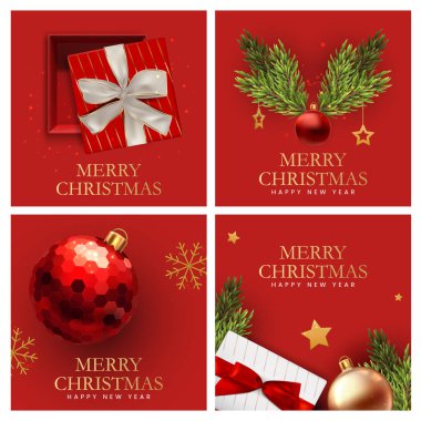 İçinde hediye kutuları olan kare kartlar. Çam ağacı süslemeleri ve kar taneleri gerçekçi bir şekilde.