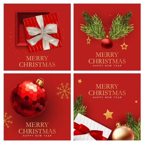 İçinde hediye kutuları olan kare kartlar. Çam ağacı süslemeleri ve kar taneleri gerçekçi bir şekilde.