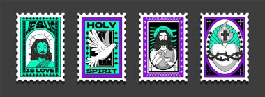 Üzerinde İsa 'nın güvercini bulunan çıkartma örtüsü kutsal kalbi ve ellerinde Hristiyan simgeleri olan düz bir stil çiziyor.