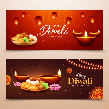 Geleneksel şekerleme lambaları ve gerçekçi dekoratif fenerlerle süslü iki şenlikli yatay pankart.