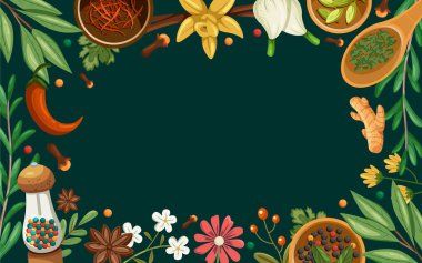 Koyu yeşil arka planda dağınık yapraklar sarımsak karanfilleri biber ve küçük baharat parçacıkları düz çizgi film gösteriliyor.