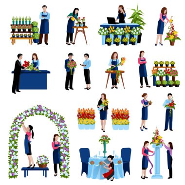 Çiçekçi Çiçek düzenliyor Icons set düz