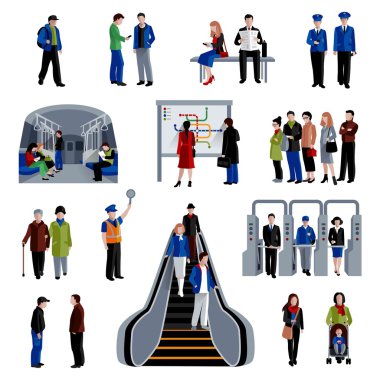 Subway passengers flat icons collection