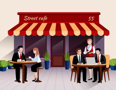 Street cafe customers flat banner illustration