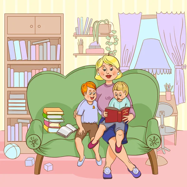 Οικογενειακή ανάγνωση καρτούν εικονογράφηση — Διανυσματικό Αρχείο