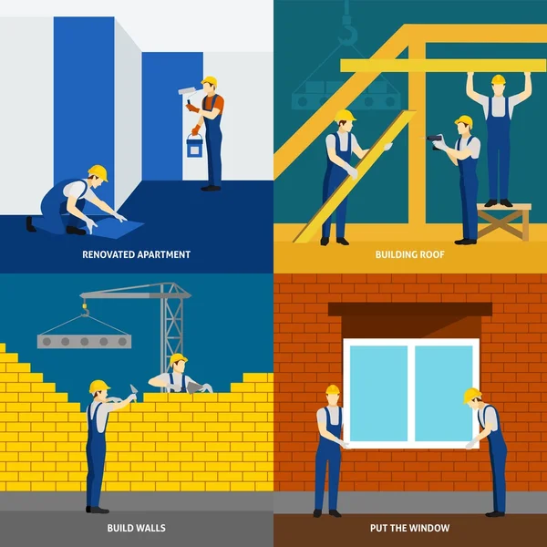 Construcción de edificios 4 iconos planos cuadrados — Vector de stock