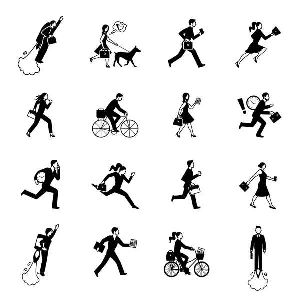 Hurrying Business People Monochrome Set — Stock Vector