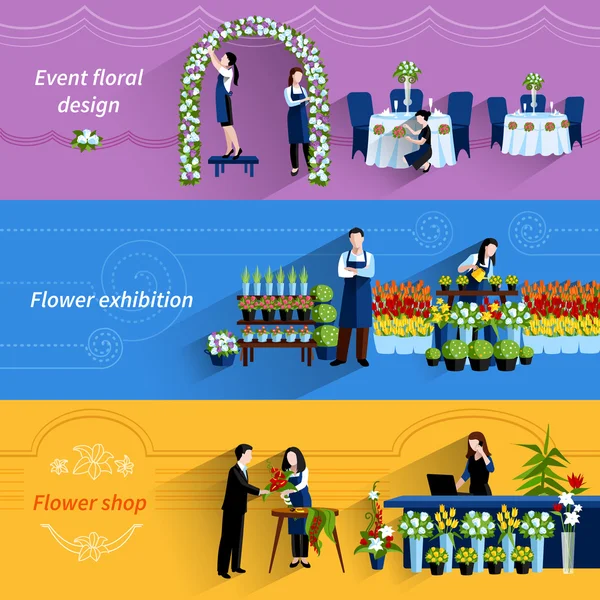 Virágárus shop szolgáltatás lapos bannerek beállítása — Stock Vector