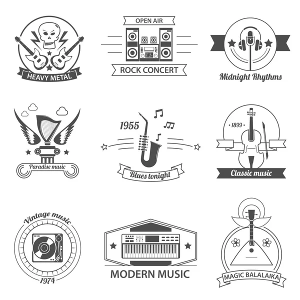 Etiquetas de estilos de música en blanco y negro — Vector de stock