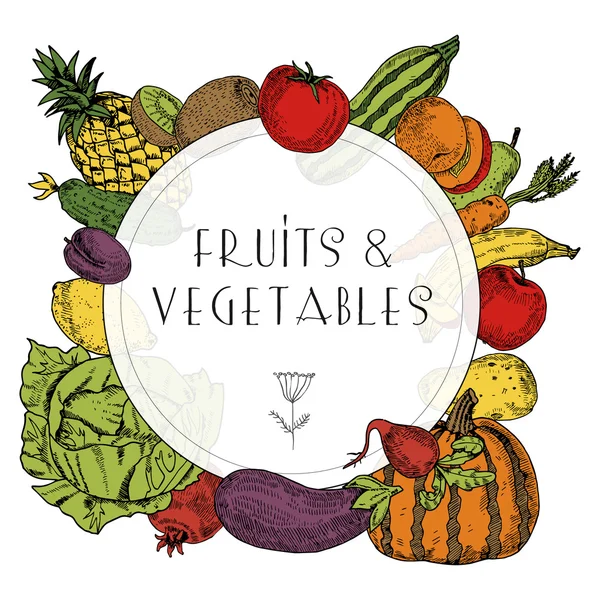 Alimentos saudáveis frutas vegetais quadro — Vetor de Stock