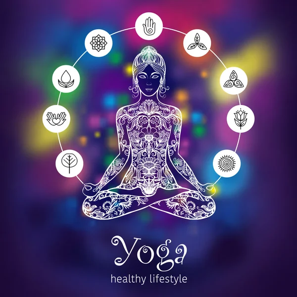 Lotus jóga meditace žena barva nápisu — Stockový vektor