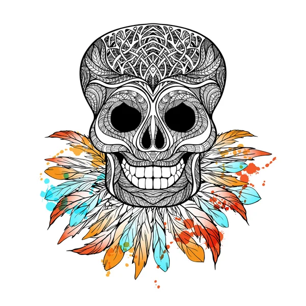 Calavera tribal con plumas — Vector de stock