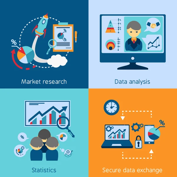 Data analysis 4 flat icons square — Stock Vector