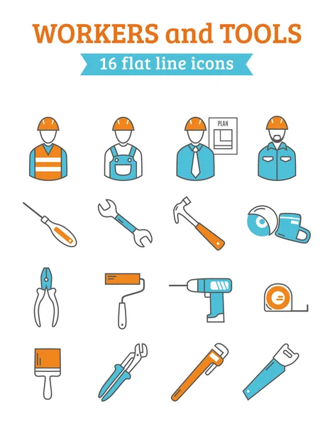 De hulpmiddelen van de werknemers van de bouw lijn icons set — Stockvector