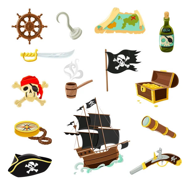 Pirát sada příslušenství ploché ikony — Stockový vektor