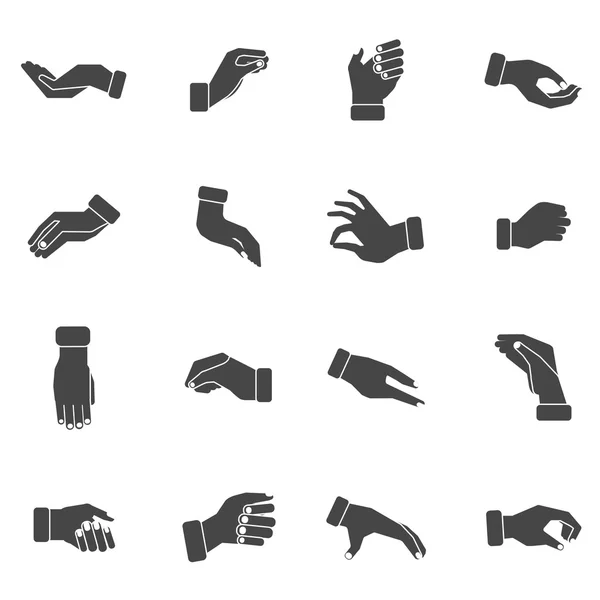Hand palms grabbing black icons set Stock Vector