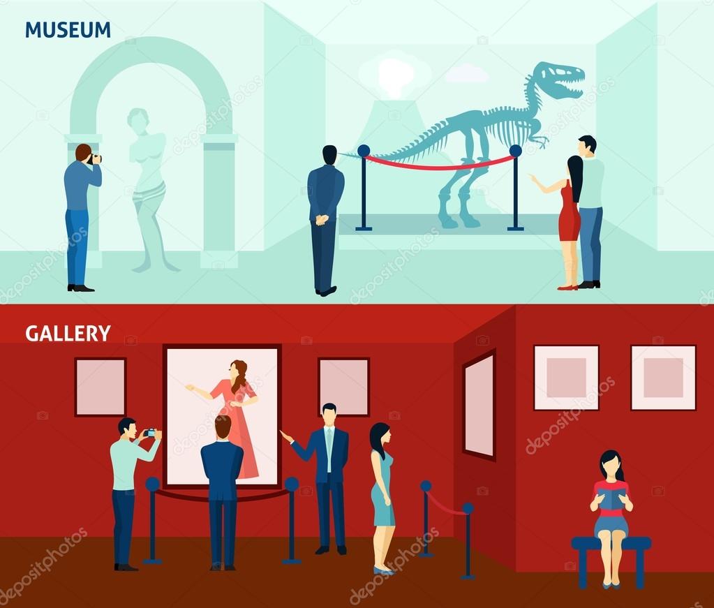 Museum visitors 2 flat banners poster