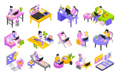 Dizüstü bilgisayarlar, kanepeler, bitkiler ve dijital cihazlar eşölçülü karikatürlerle uzaktan çalışan birçok insanı gösteren orijinal set