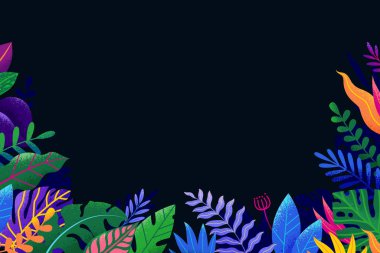 Değişik tropikal yaprakların dekoratif düzeni ve yeşil tonlarda bitkiler koyu arkaplan düz illüstrasyon