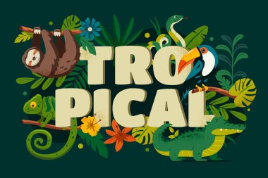 Tropikal kelimeli tipografi tasarımı. Tembel Toucan yılan bukalemun timsahı ve orman yapraklarıyla çevrili. Çizgi film çizimleri.