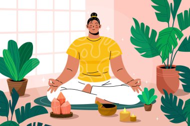 Ağaçta dikilen bir kadının, elinde mumlarla yoga minderinde poz vermesi, tütsü kristalleri ve büyük ev bitkilerinin düz bir şekilde çizilmiş olması.