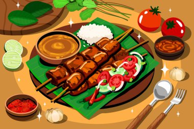 Fıstık soslu satay şiş, pirinç sebzesi ve baharatların ayrıntılı kompozisyonu..