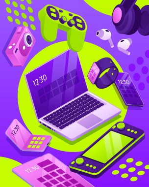 Dizüstü bilgisayarlı akıllı telefon akıllı telefon tablet oyun tableti, el kameralı oyun sahası ve kulaklıkları eşölçülü 3D resimleme içeren grup bileşimi