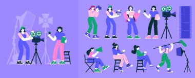 Kamera operatörü, yönetmen, ses teknisyeni ve sunucu olarak çalışan kadınların yer aldığı düz karakter seti.