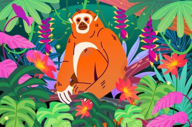 Bereketli tropikal bitkiler ve renkli yağmur ormanları arasında dinlenen bir leoparın yer aldığı canlı orman bileşimi.