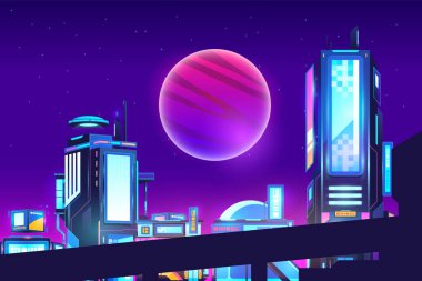 Üzerinde parlak mor gökyüzü altında parlayan tipografi ve uçan araçlar bulunan neon şehir silueti bulunan füeti. Bilim kurgu etkinlikleri ve teknik promosyonlar için ideal..