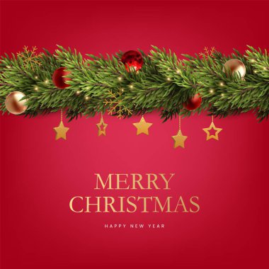 Kırmızı Noel arka planında gerçekçi hediye kutuları, parlayan çam dalları ve altın kar taneleri yer alıyor. Mevsimlik afişler ve tebrik kartları için ideal.