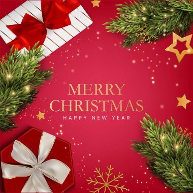 Çam dalları, altın yıldızlar, kar taneleri ve şenlikli kırmızı arka planda hediye kutusuyla süslenmiş zarif bir Noel çerçevesi. Tebrik kartları ve mevsimlik davetiyeler için mükemmel..