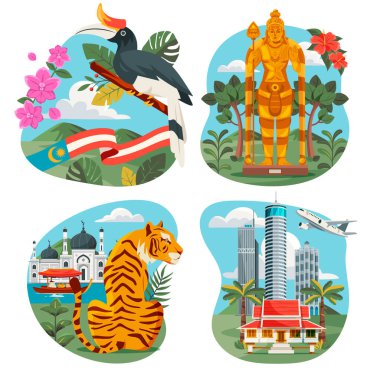 Malezya, vahşi yaşam, simgeler, bitkiler ve kültürel sembollerden oluşan mini bir illüstrasyon koleksiyonu oluşturdu. Seyahat bilgileri, turizm tasarımı ve eğitim materyalleri için mükemmel.