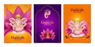 Ganesh Chaturthi 'yi kutlayan tebrik kartları seti. Lord Ganesha, Lotus' un üzerine dekoratif lambalar ve mandala desenleriyle oturmuş..