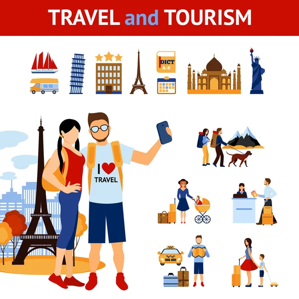 Ensemble d'éléments de voyage et de tourisme — Image vectorielle