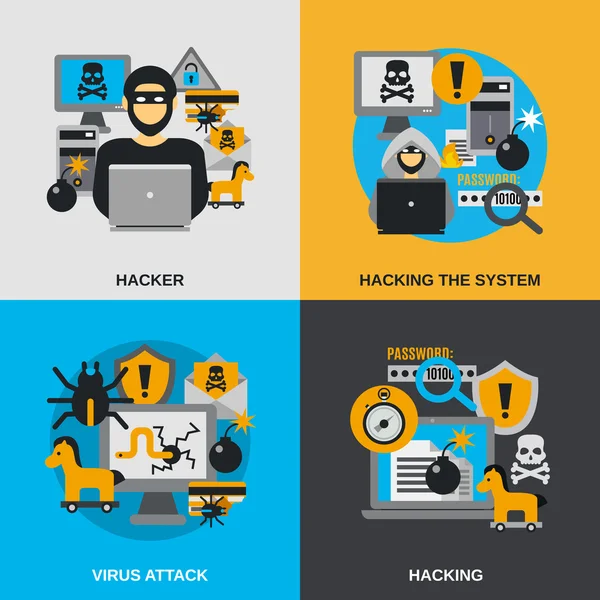 Conjunto plano de hackers — Vetor de Stock