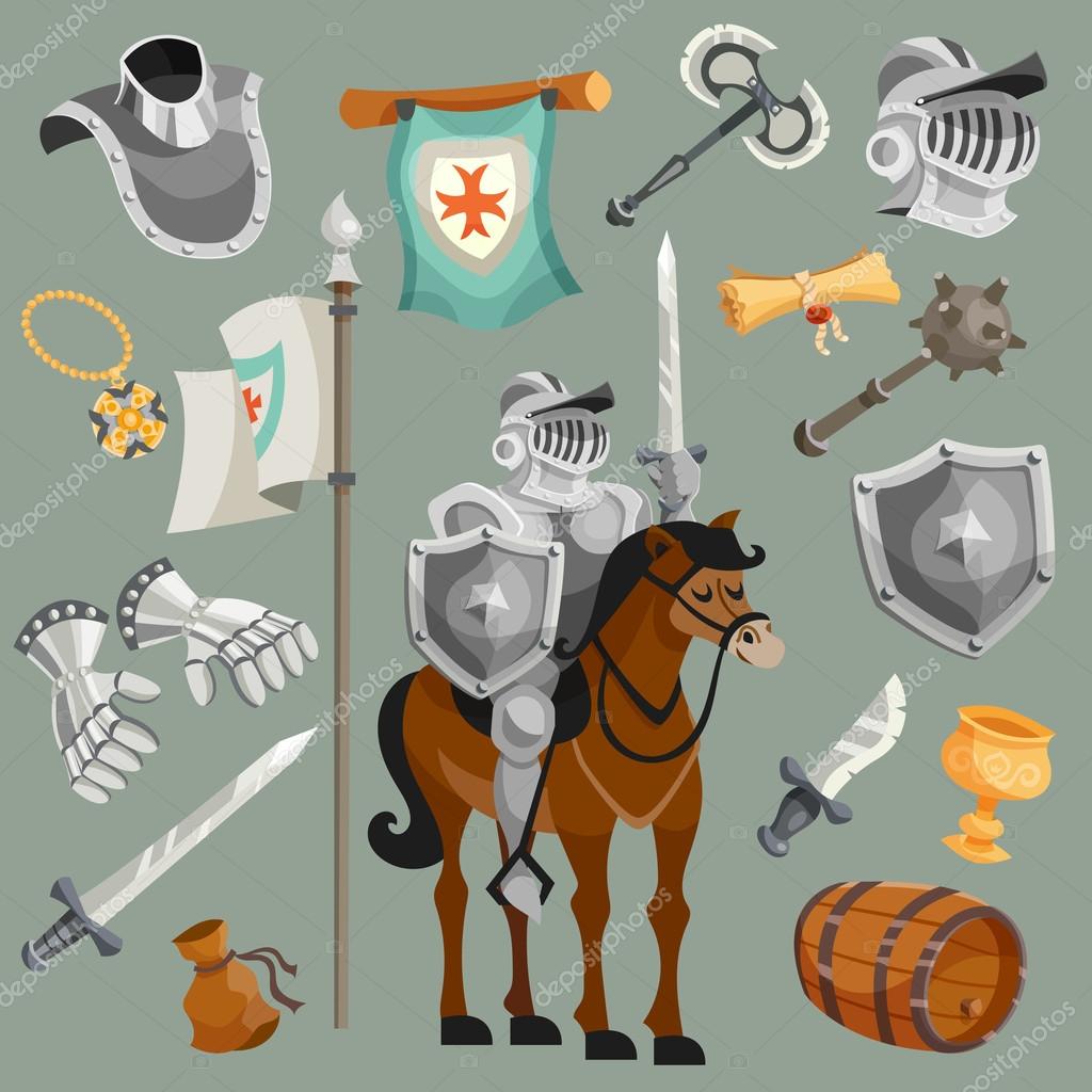 Knights armor fairy tale cartoon icons set isolated vector illustration