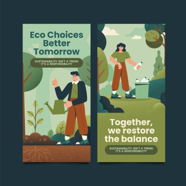 Çevre dostu insanların geri dönüşümünü ve doğanın izometrik illüstrasyonunu gösteren dikey pankart