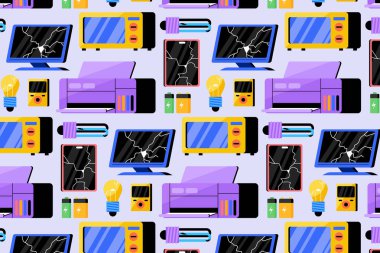 Kırık dizüstü bilgisayar tableti, akıllı telefon televizyon mikrodalga yazıcı ampulü pilleri ve elektronik bileşenleri düz resimde gösteriyor.