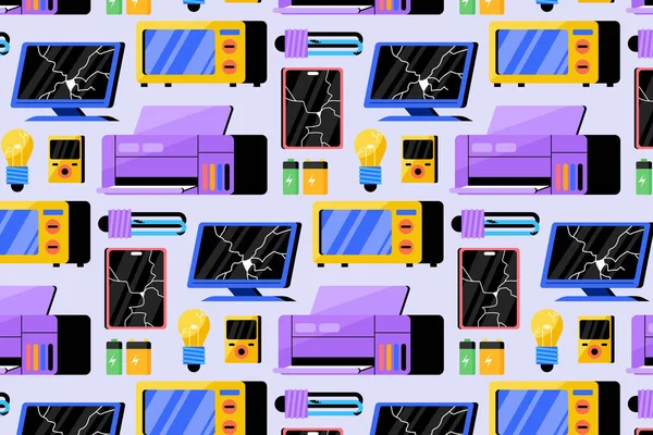 Kırık dizüstü bilgisayar tableti, akıllı telefon televizyon mikrodalga yazıcı ampulü pilleri ve elektronik bileşenleri düz resimde gösteriyor.