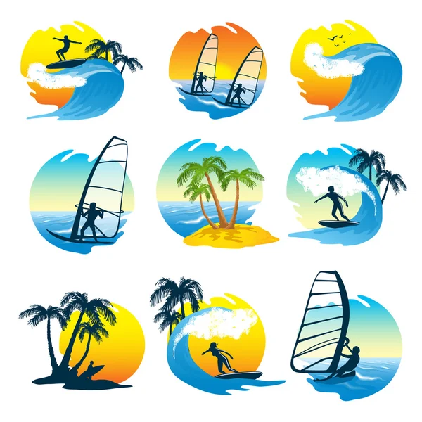 Conjunto de ícones de surf com pessoas — Vetor de Stock