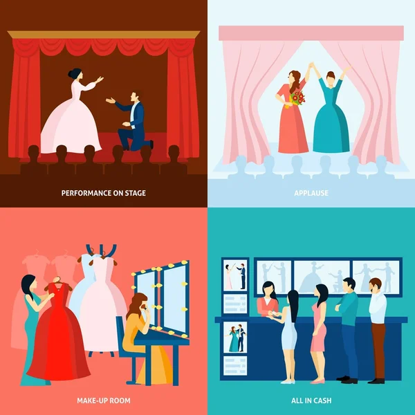 Teatro 4 iconos planos pancarta cuadrada — Vector de stock