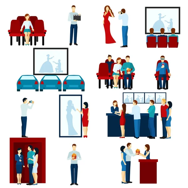 Cine sala de cine iconos planos conjunto — Vector de stock