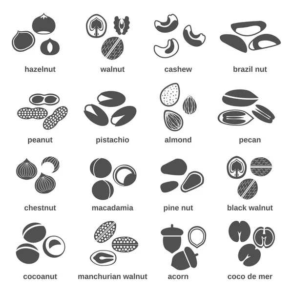 Iconos de frutos secos Negro — Vector de stock